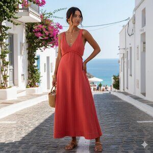 NWT Revolve Mon Ren Celine Linen V Neck Midi Dress Magenta Orange